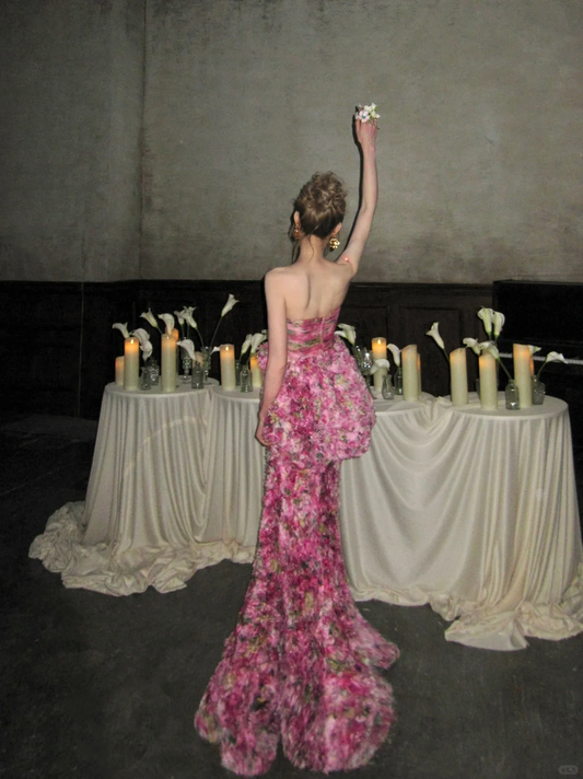 Edle Meerjungfrau trägerloses Rosa Blumenmuster Rose Schichten Lange Ballkleider Partykleid Geburtstags-Outfits Abschlusskleider WD097