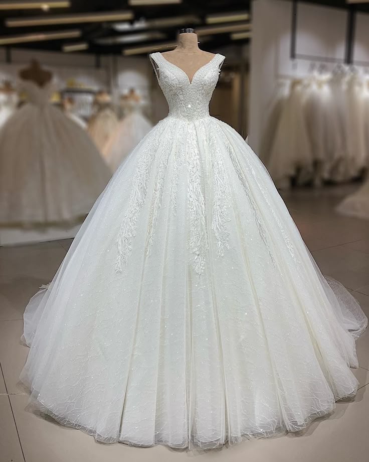Prinzessin Brautkleid Ballkleid V-Ausschnitt Tüll Ärmellos Weiße Spitze Brautkleider Verträumte Brautkleider DH1221