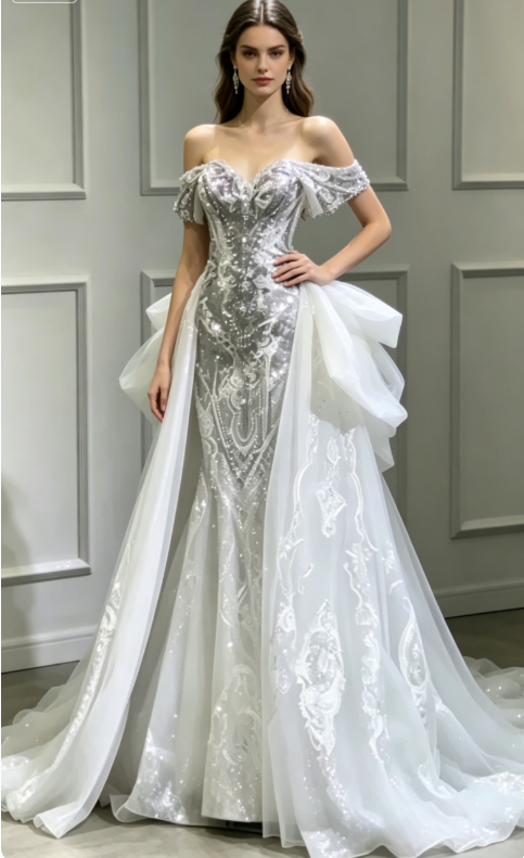 Princess Bridal Dress Mermaid Off The Shoulder Lace Sequin Wedding Dress With Short Sleeves Wedding Dresses Modest Wedding Gowns DH1492