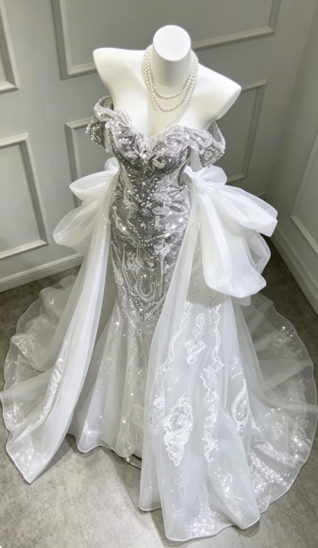 Princess Bridal Dress Mermaid Off The Shoulder Lace Sequin Wedding Dress With Short Sleeves Wedding Dresses Modest Wedding Gowns DH1492