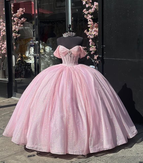 Modest Ballkleid Weg Von Der Schulter Rosa Tüll Lange Quinceanera Kleid Formale Kleider Vestido De 15 Anos Sweet 16 Kleid DH1846