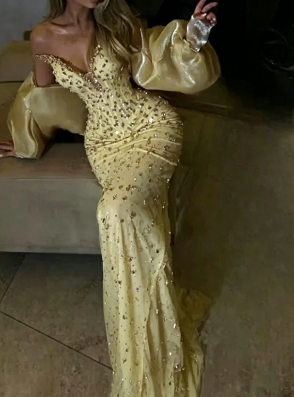 Sexy Meerjungfrau Abendkleid Schatz Champagner Pailletten Lange Ballkleider Partykleid 20. Geburtstag Outfits Abschlusskleider DH1862