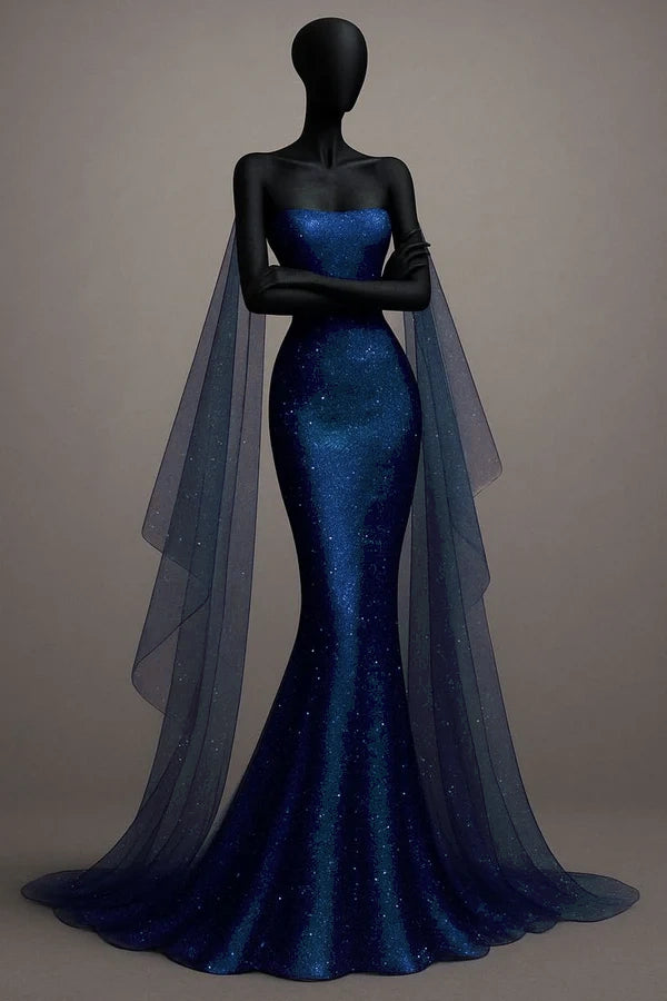 Sexy Meerjungfrau Trägerloses Königsblau Pailletten Lange Ballkleider Partykleid 20. Geburtstag Outfits Abschlusskleider DH1881