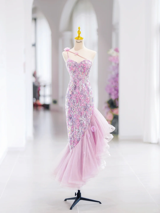 Bescheidene Meerjungfrau Eine Schulter Rosa Pailletten Lange Abendkleider Abendkleid Besondere Abendkleider Ballkleid DH2792