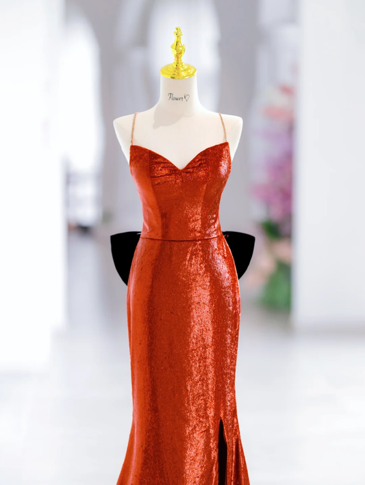 Bescheidene Meerjungfrau Spaghettiträger Pailletten Langer Schlitz Abendkleider Abendkleid Besondere Abendkleider Ballkleid DH2796