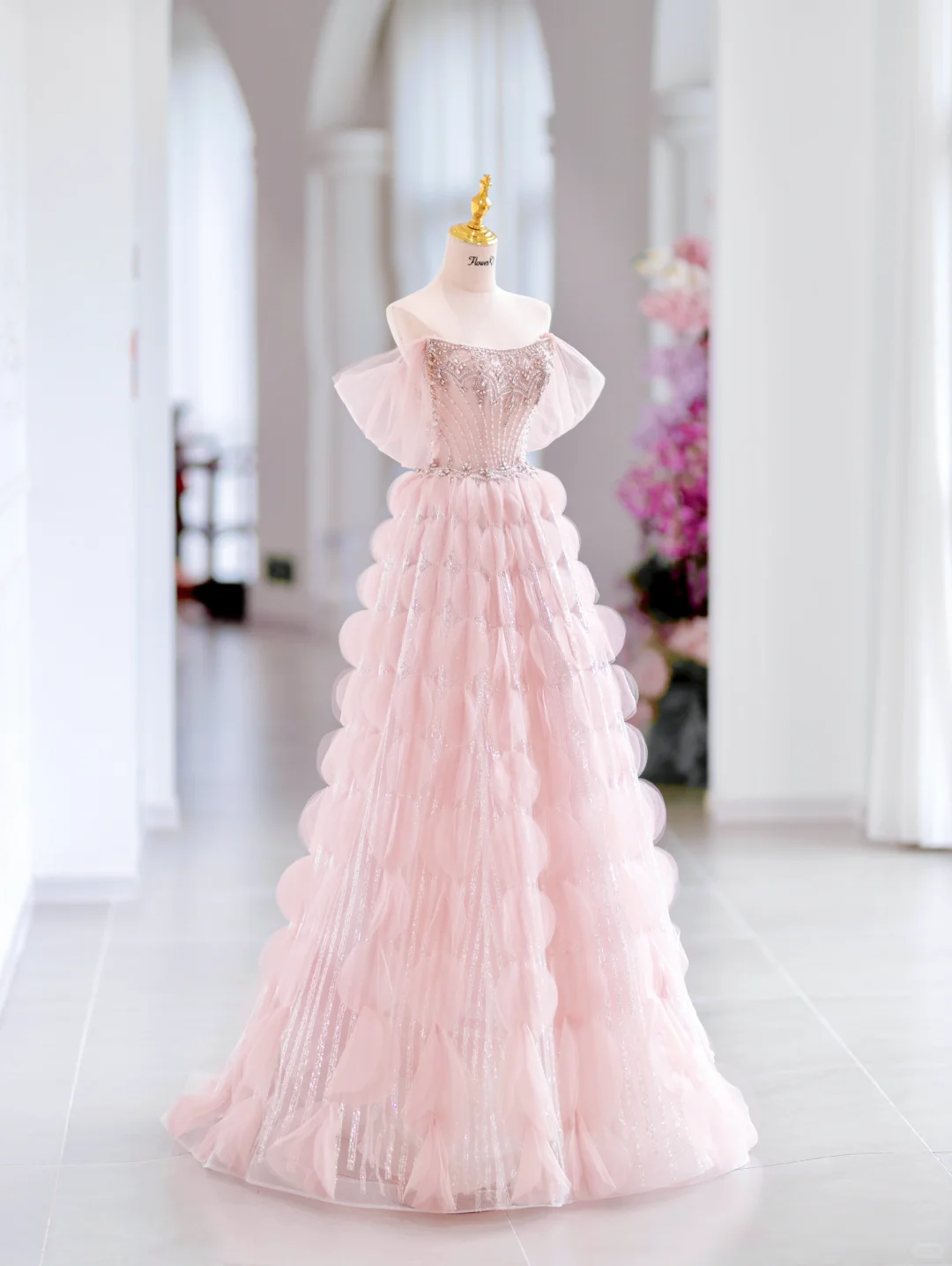 Nettes Ballkleid Weg Von Der Schulter Rosa Tüll Lange Abendgesellschaft Kleider Abendkleid Spezielle Abendkleider Abendkleid H2797