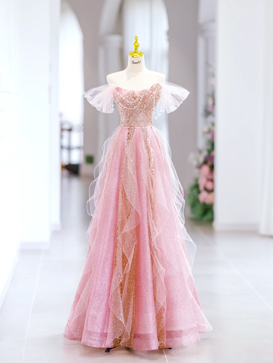 Süße A-Linie aus schulterfreiem Pailletten-Rosa-Tüll, lange Abendkleider, Partykleider, Abendkleid, besondere Abendkleider, Ballkleid DH2798