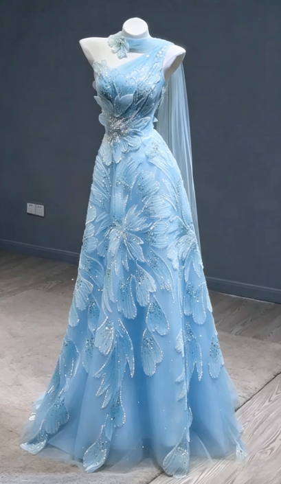 Fairy A-Line Yellow Long Prom Dresses Tulle Beaded One-shoulder Evening Dresses Sleeveless Birthday Dresses DP04636