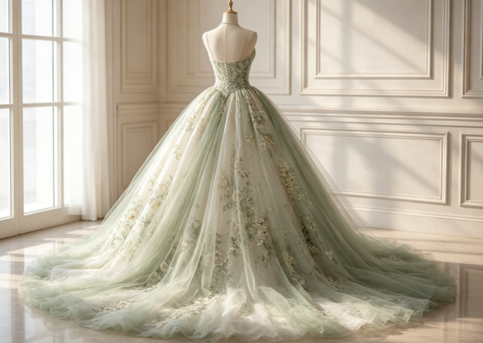 Cute Green Long Prom Dress Floral Tulle Ball Gown Sleeveless Evening Dress Sweet 16 Dress DP04875