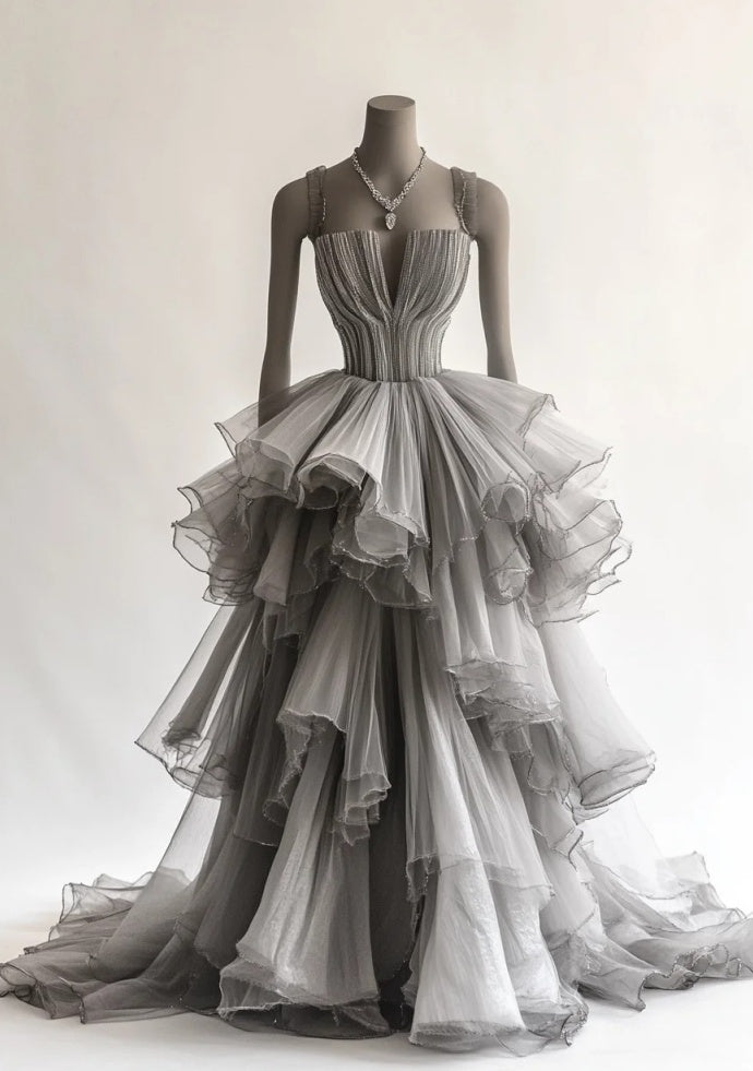 Fairy A-line Gray Prom Dress Straps Tulle Sleeveless Long Evening Dress DP05092