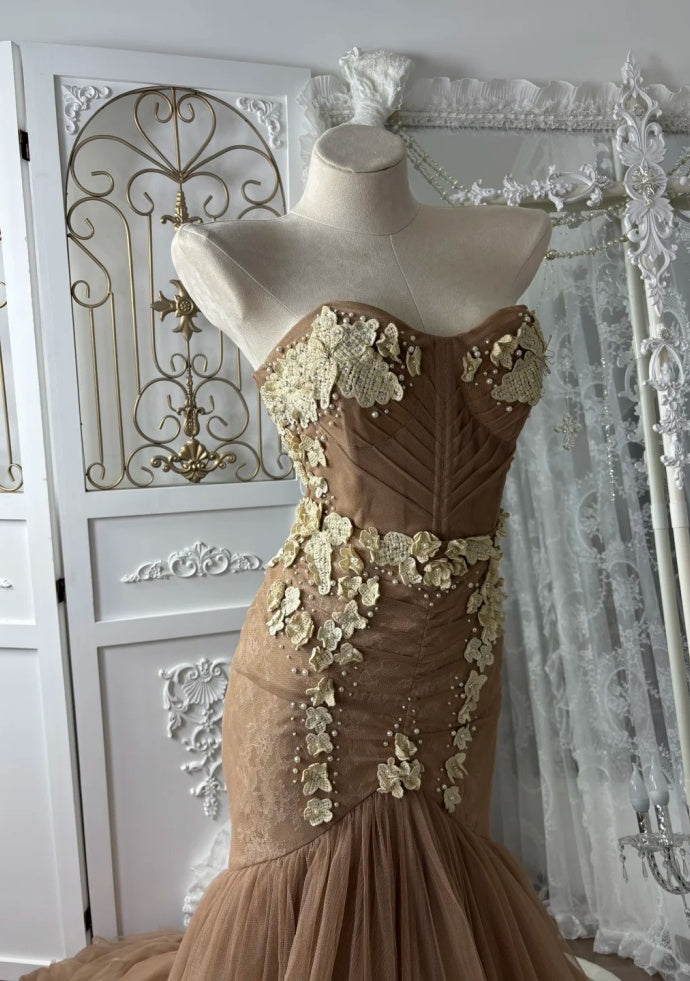 Gorgeous Chocolate Brown Prom Dress Tulle Applique Mermaid Evening Dress DP05114