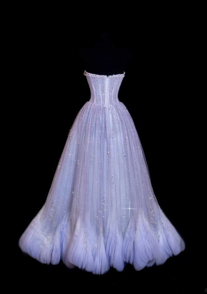 Cute Purple Prom Dress Tulle Strapless A-Line Evening Dress Sleeveless Sweet 16 Dress DP05126