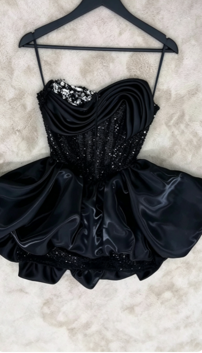 Pretty Black Birthday Dress A-Line Satin Short Homecoming Dress DP07265