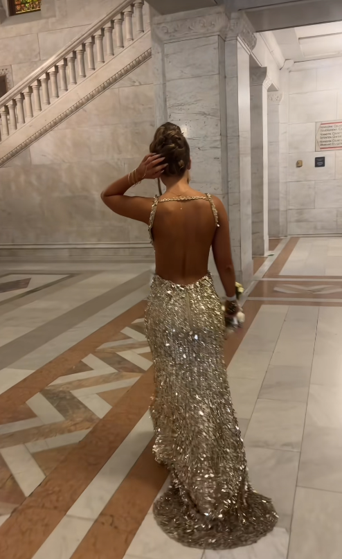 Chic Gold Prom Dress Sheath Sequins Long Evening Dress DP07701