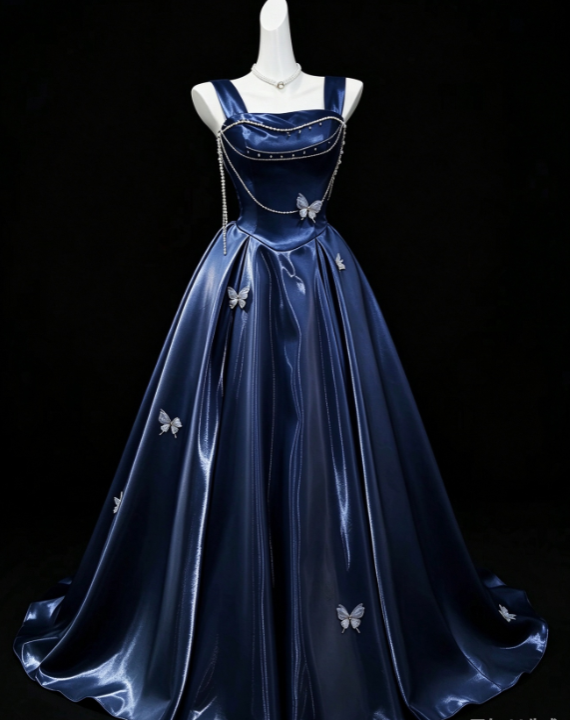 Chic Navy Blue Prom Dress A-Line Satin Long Evening Dress DP07703