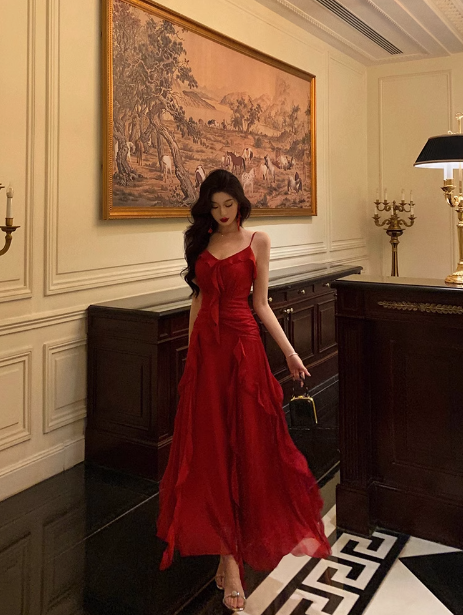 Edles A-Linie Spaghettiträger Rot Ärmellos Kleid zum 18. Geburtstag Partykleid 21. Geburtstag Outfits Geburtstagskleid Ideen für Frauen DP564