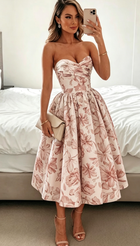 Elegant Wedding Guest Outfit Ball Gown Blue Floral Formal Night Dresses Summer Tea Length Wedding Guest Dresses DP769