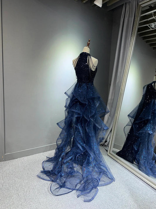 Hübsches Marineblaues Pailletten Langes Ballkleid Partykleid Ballkleid Abendkleider DP309
