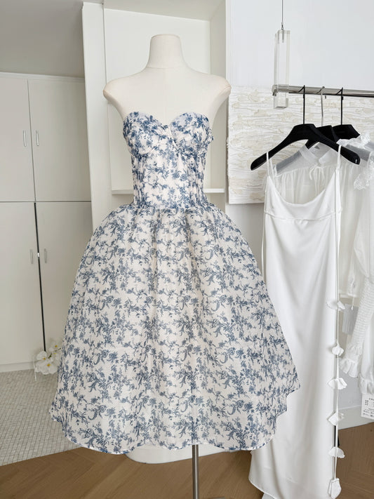 Sexy Ball Gown Sweetheart Floral Blue Summer Dress Holiday Party Outfits For Women DP0083