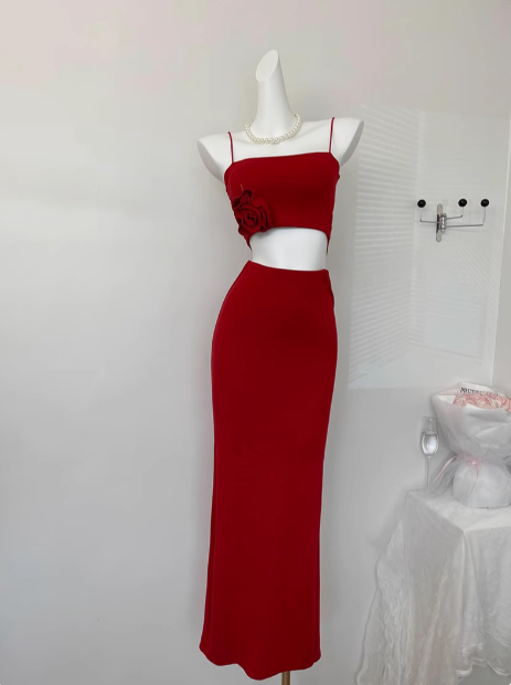Süße Meerjungfrau Spaghettiträger 2 Stück Rotes langes Sommerkleid für Frauen DP0013
