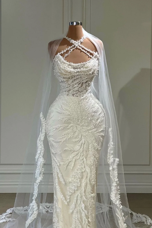 Luxury Long Wedding Dress White Halter With Tulle Appliques Gown White Wedding Dress DP619