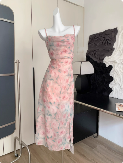 Cute A line Spaghetti Straps Pink Floral Long Chiffon Dress For Women DP0008