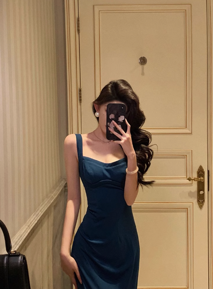 Robe fourreau vintage en satin bleu sans manches, décolleté carré, tenue de fête pour 18e anniversaire, tenue d'anniversaire pour femme, DP0206