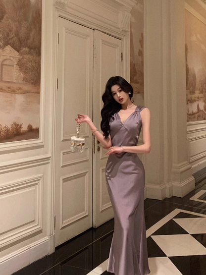 Hübsches Meerjungfrau-Kleid mit V-Ausschnitt in staubiger Traube zum 21. Geburtstag, Party-Outfits, Geburtstags-Outfits für Frauen, DP0189