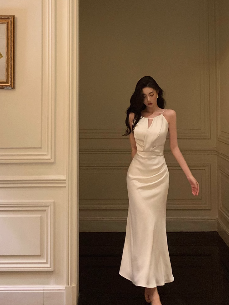 Robe sirène vintage blanche sans manches, col licou, tenue de fête pour 18e anniversaire, tenue d'anniversaire pour femme, DP0203