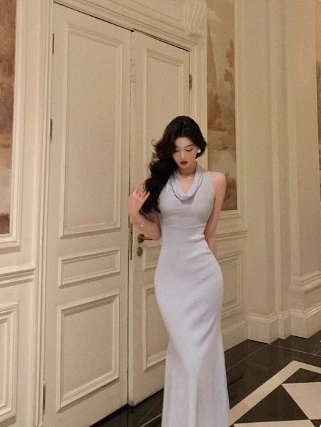 Robe sirène vintage en mousseline de soie bleu clair pour 18e anniversaire, tenue de fête pour femme, DP0197