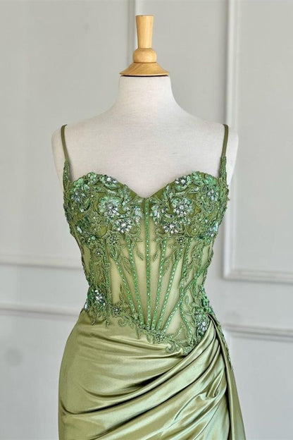 Robe de bal sirène sexy argentée à bretelles spaghetti et appliqués DP307