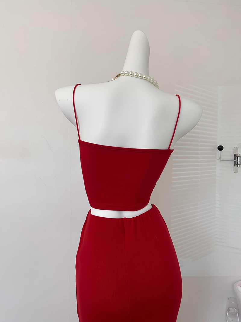 Süße Meerjungfrau Spaghettiträger 2 Stück Rotes langes Sommerkleid für Frauen DP0013