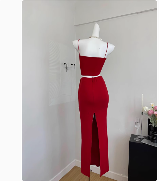 Süße Meerjungfrau Spaghettiträger 2 Stück Rotes langes Sommerkleid für Frauen DP0013