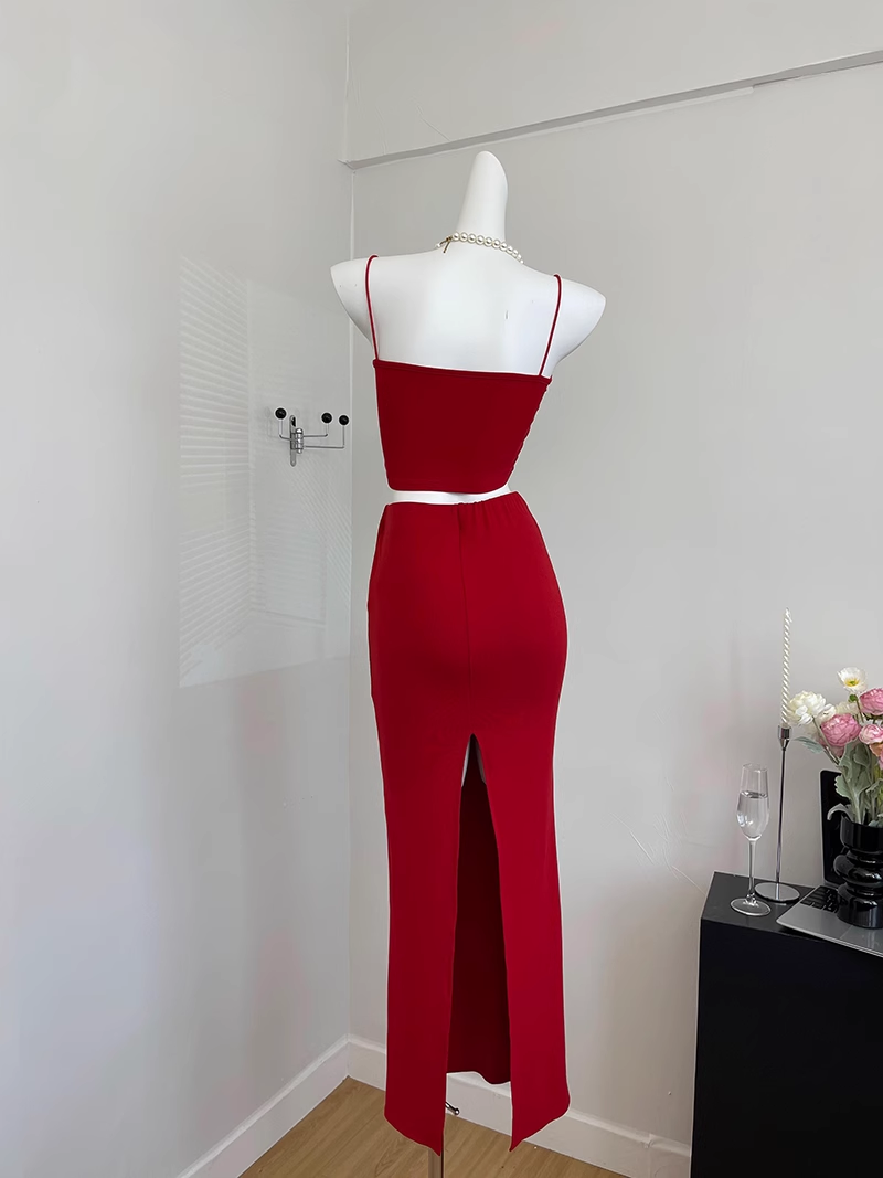 Süße Meerjungfrau Spaghettiträger 2 Stück Rotes langes Sommerkleid für Frauen DP0013