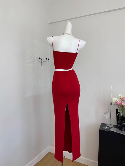 Süße Meerjungfrau Spaghettiträger 2 Stück Rotes langes Sommerkleid für Frauen DP0013