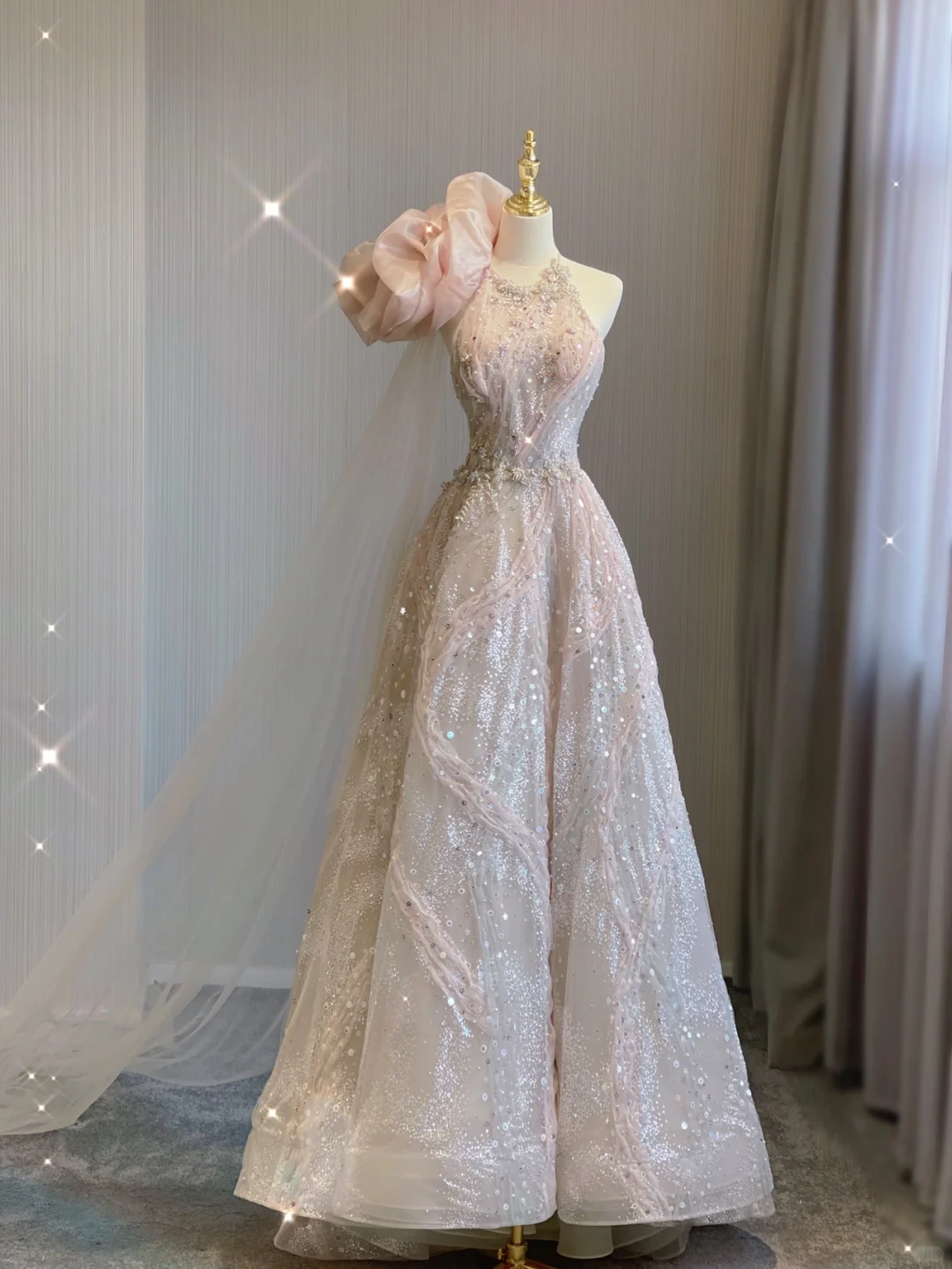 Classy Ball Gown One Shoulder Pink Sequin Evening Dress Long Prom Dresses P0020