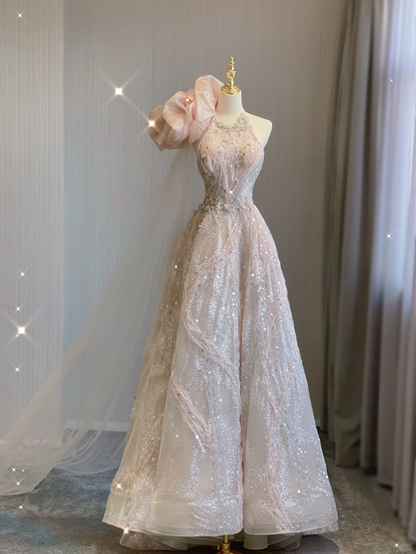 Classy Ball Gown One Shoulder Pink Sequin Evening Dress Long Prom Dresses P0020