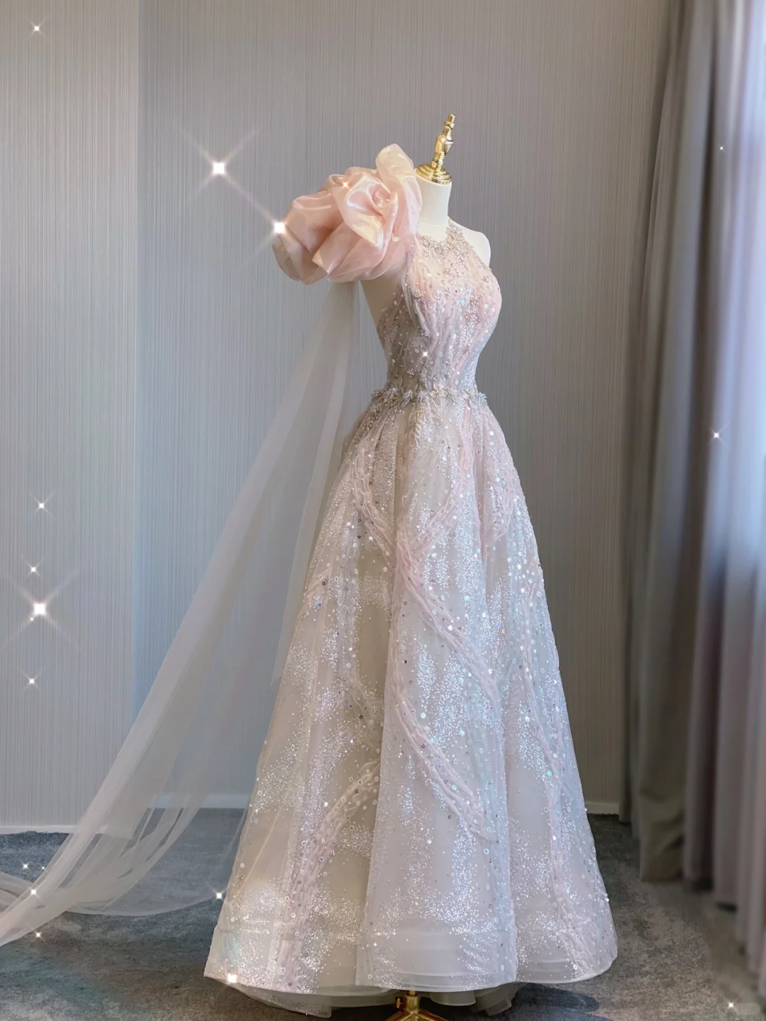 Classy Ball Gown One Shoulder Pink Sequin Evening Dress Long Prom Dresses P0020