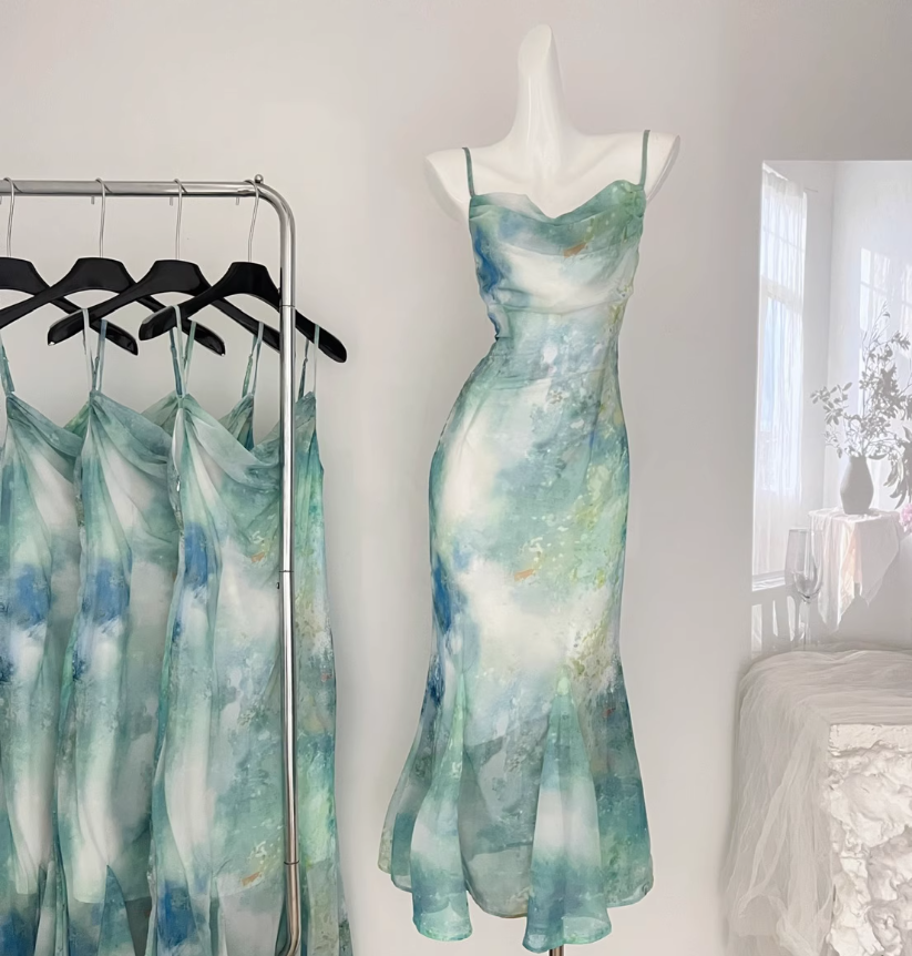 Robe d'été longue verte à bretelles spaghetti et motif sirène pour femme DP0016