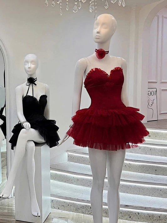Cute Ball Gown Sweetheart Burgundy Mini Party Dresses Short Formal Homecoming Dresses Night Chic Elegant Short Dresses Cocktail Dress 16th Birthday Outfits Tulle Hoco Dresses DH2778