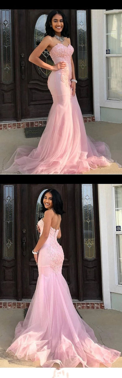 Classy Pink Sweetheart Sleeveless Lace Mermaid Prom Dresses with Train Evening Dresses Graduation Dress DP476
