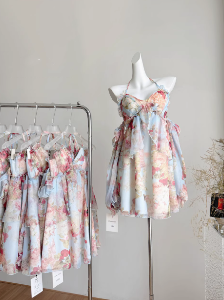 Sweet A Line Halter Pink Floral Summer Short Women Dresses DP0015