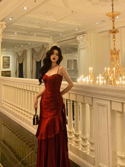 Sexy Meerjungfrau Spaghettiträger Burgunderrotes Kleid zum 21. Geburtstag Urlaubsparty Geburtstags-Outfits für Frauen DP0192