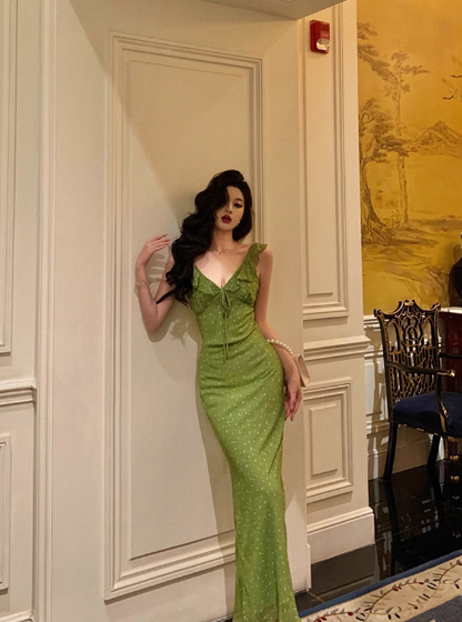 Vintage Mermaid V Neckline Green Floral Sleeveless 18th Birthday Dress Party Gown Birthday Outfits For Women DP0202