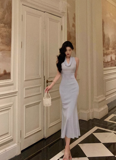Robe sirène vintage en mousseline de soie bleu clair pour 18e anniversaire, tenue de fête pour femme, DP0197