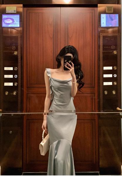 Vintage Mermaid Square Neckline Light Blue Satin Sleeveless 18th Birthday Dress Party Gown Birthday Outfits For Women DP0205