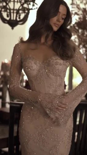 Ethereal Brautkleid Etuikleid V-Ausschnitt Spitze Lange Ärmel Weiß Brautkleider Brautkleider DH855