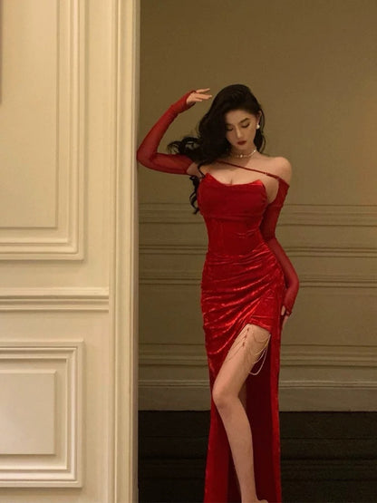 Sexy Sheath Strapless Red Slit Sleeveless Prom Dresses Party Dress Summer Birthday Outfits 20th Birthday Dresses W809