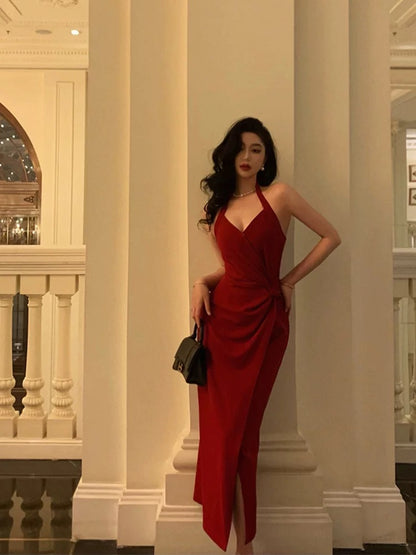 Sexy Sheath Halter Red Sleeveless Prom Dresses Party Dress Summer Birthday Outfits Birthday Dresses W810
