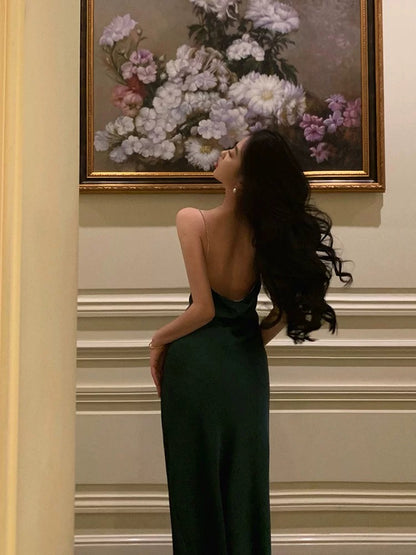 Sexy Sheath Straps Dark Green Satin Sleeveless Prom Dresses Party Dress Summer Birthday Outfits 20th Birthday Dresses W815